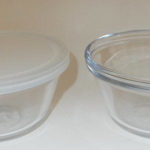 2 Vintage Anchor Hocking Ramekin Custard Bowls Cups (1 w/Plastic Lid)
